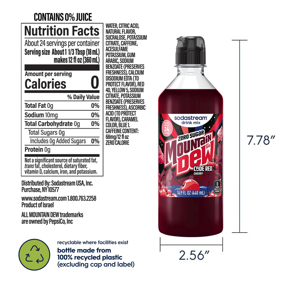 Sodastream MTN DEW Code Red Cherry Zero Sugar Drink Mix 4 Pack 440ml